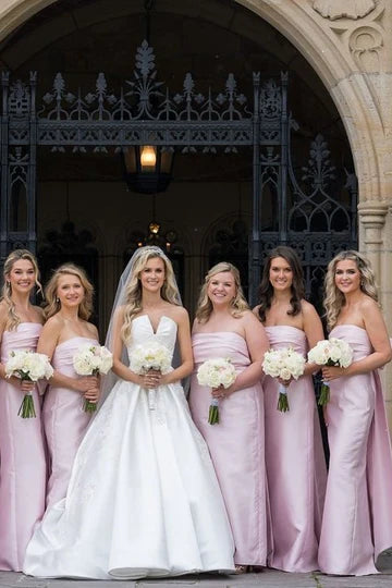Sleek Light Pink Strapless Satin Pleated Mermaid Bridesmaid Dress With Big Bow AB003