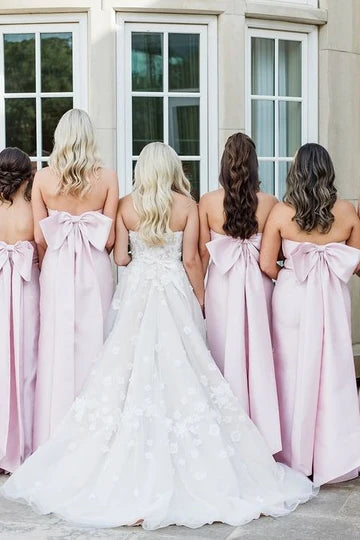 Sleek Light Pink Strapless Satin Pleated Mermaid Bridesmaid Dress With Big Bow AB003