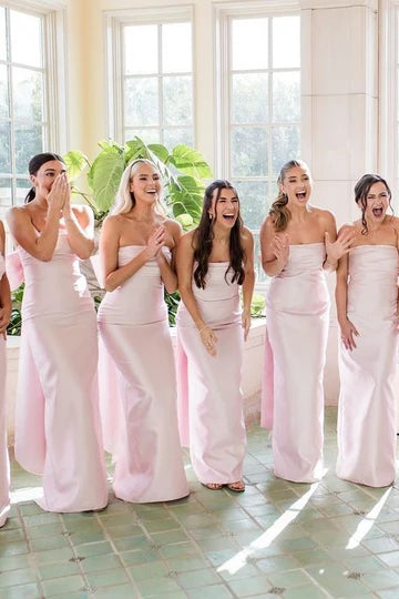 Sleek Light Pink Strapless Satin Pleated Mermaid Bridesmaid Dress With Big Bow AB003