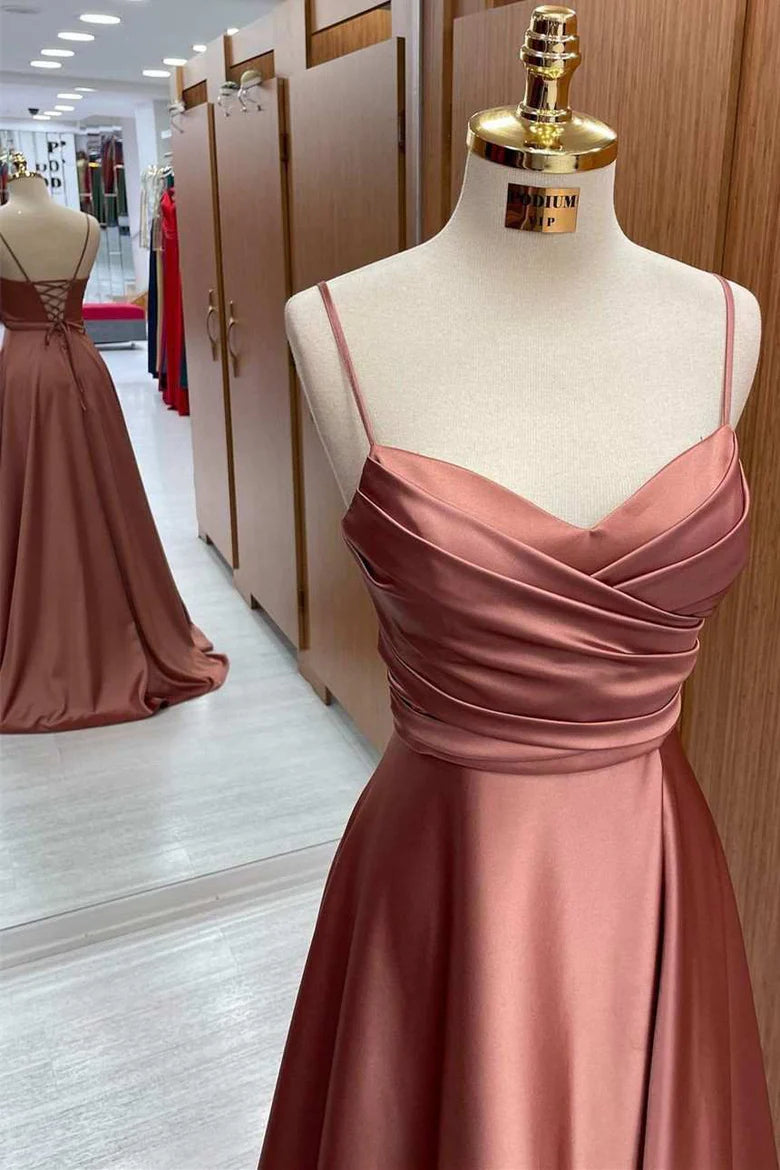 Sleek Dusty Rose Spaghetti Straps Sweetheart Ruched Satin A-Line Long Bridesmaid Dress AB004