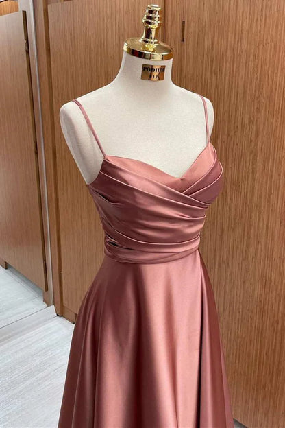 Sleek Dusty Rose Spaghetti Straps Sweetheart Ruched Satin A-Line Long Bridesmaid Dress AB004