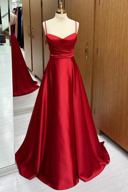 Sleek Dusty Rose Spaghetti Straps Sweetheart Ruched Satin A-Line Long Bridesmaid Dress AB004