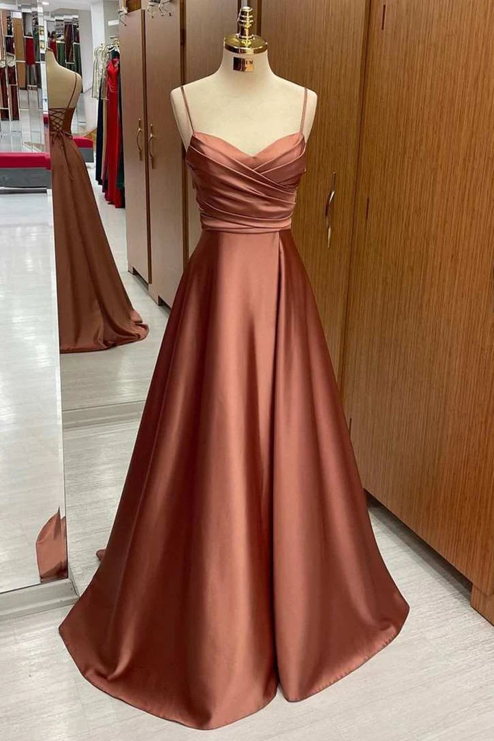 Sleek Dusty Rose Spaghetti Straps Sweetheart Ruched Satin A-Line Long Bridesmaid Dress AB004