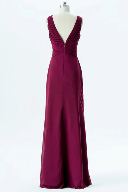 Classic Burgundy Sleeveless Deep V Backless Cross Ruched A-Line Long Bridesmaid Dress AB005