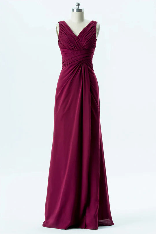 Classic Burgundy Sleeveless Deep V Backless Cross Ruched A-Line Long Bridesmaid Dress AB005