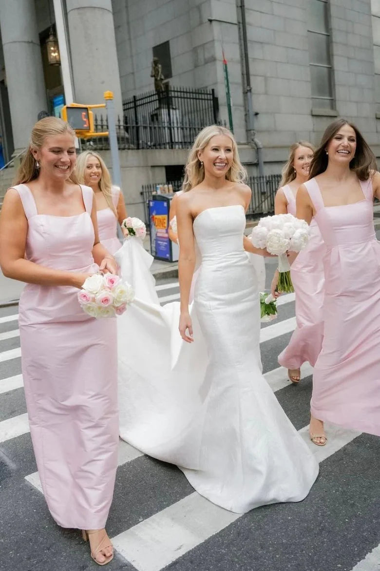 Sleek Light Pink Wide Strap Square Neck Satin Mermaid Long Bridesmaid Dress AB006