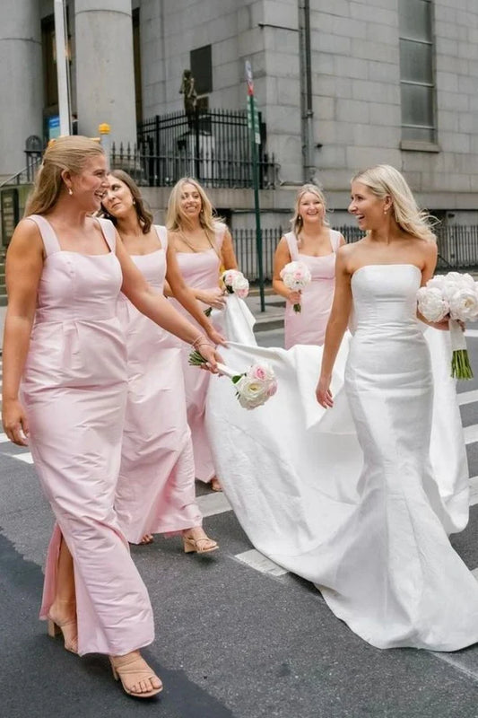 Sleek Light Pink Wide Strap Square Neck Satin Mermaid Long Bridesmaid Dress AB006