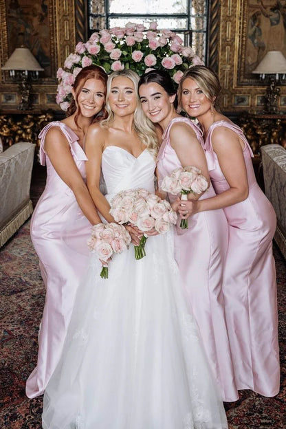 Elegant Light Pink Square Neck Wide Bow Strap Satin Mermaid Long Bridesmaid Dress AB007