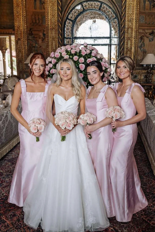 Elegant Light Pink Square Neck Wide Bow Strap Satin Mermaid Long Bridesmaid Dress AB007