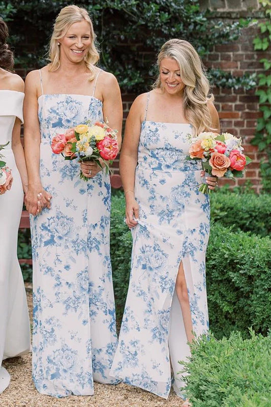 Fresh Blue Floral Print Spaghetti Straps Sheath Long Bridesmaid Dress With Back Bow AB008