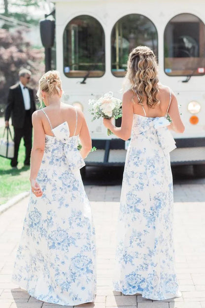 Fresh Blue Floral Print Spaghetti Straps Sheath Long Bridesmaid Dress With Back Bow AB008