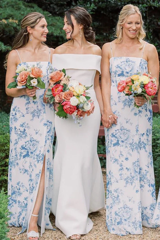 Fresh Blue Floral Print Spaghetti Straps Sheath Long Bridesmaid Dress With Back Bow AB008