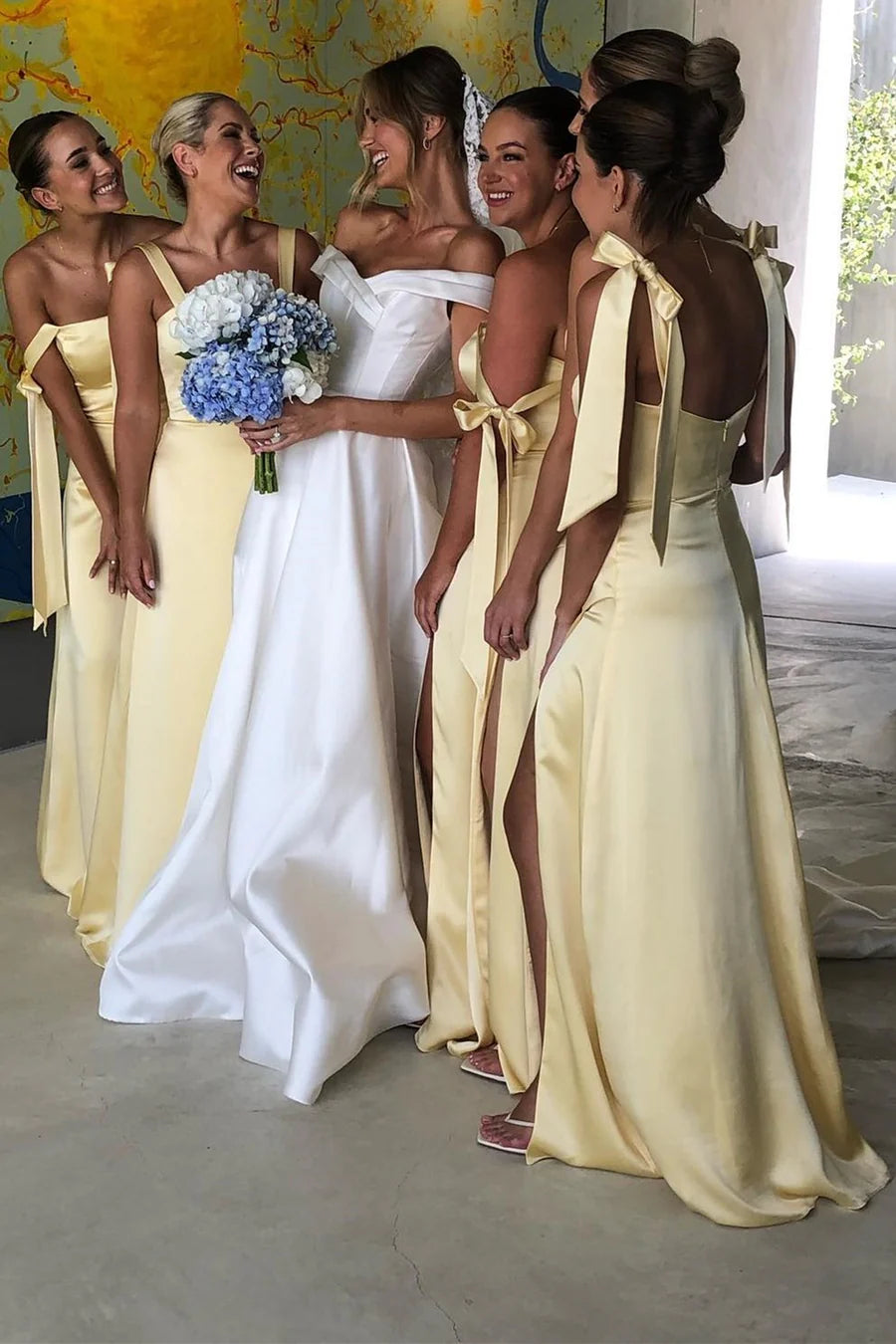 Elegant Light Yellow Tie Bows Straps Satin Sheath Long Bridesmaid Dress With High Side Slit AB009