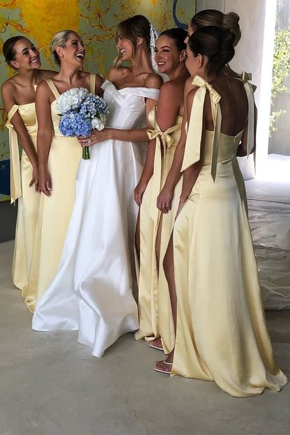 Elegant Light Yellow Tie Bows Straps Satin Sheath Long Bridesmaid Dress With High Side Slit AB009