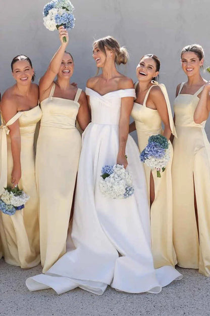 Elegant Light Yellow Tie Bows Straps Satin Sheath Long Bridesmaid Dress With High Side Slit AB009