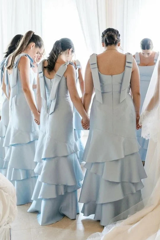 Soft Sky Light Blue Square Wide Bow Strap Satin Sheath Long Bridesmaid Dress With Multi-Tier Ruffle AB010