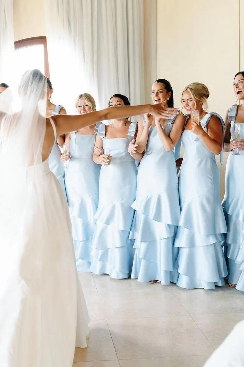 Soft Sky Light Blue Square Wide Bow Strap Satin Sheath Long Bridesmaid Dress With Multi-Tier Ruffle AB010