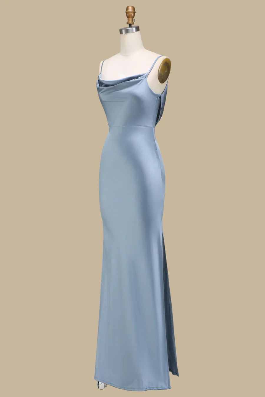 Sleek Dusty Blue Spaghetti Strap Cowl Neck Satin Mermaid Long Bridesmaid Dress With Side Slit AB012