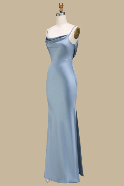 Sleek Dusty Blue Spaghetti Strap Cowl Neck Satin Mermaid Long Bridesmaid Dress With Side Slit AB012