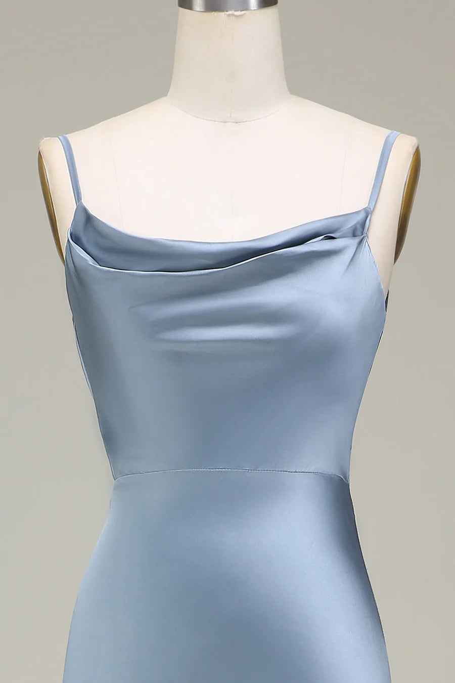Sleek Dusty Blue Spaghetti Strap Cowl Neck Satin Mermaid Long Bridesmaid Dress With Side Slit AB012