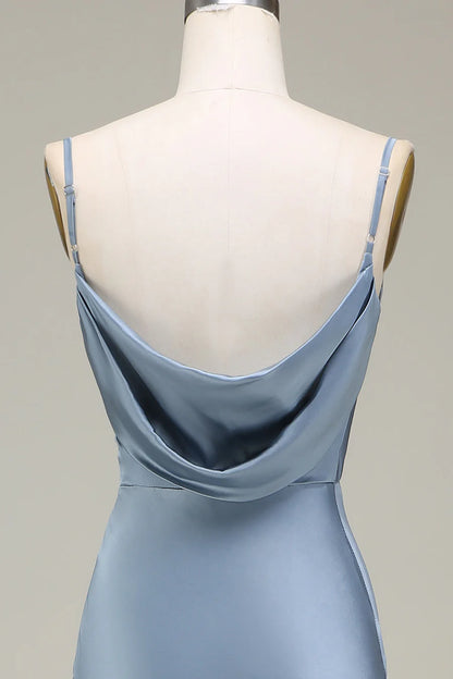 Sleek Dusty Blue Spaghetti Strap Cowl Neck Satin Mermaid Long Bridesmaid Dress With Side Slit AB012