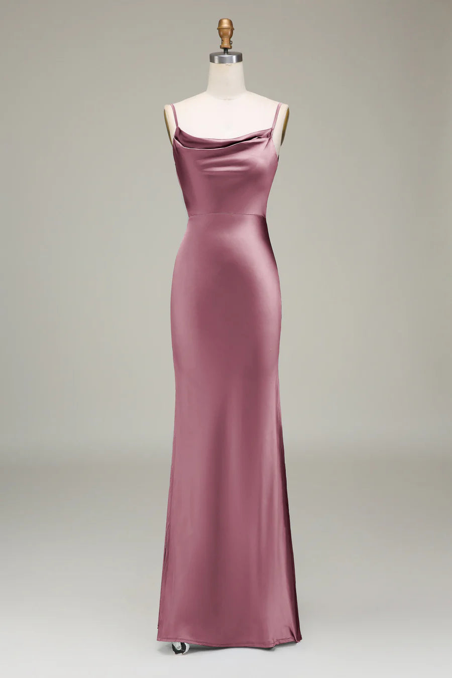 Sleek Dusty Blue Spaghetti Strap Cowl Neck Satin Mermaid Long Bridesmaid Dress With Side Slit AB012
