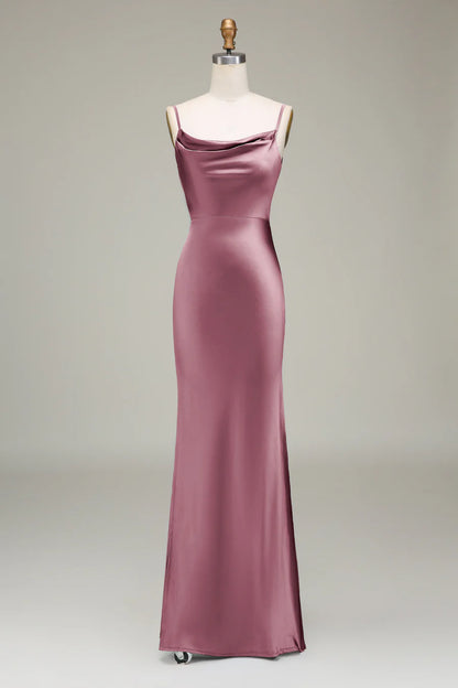 Sleek Dusty Blue Spaghetti Strap Cowl Neck Satin Mermaid Long Bridesmaid Dress With Side Slit AB012