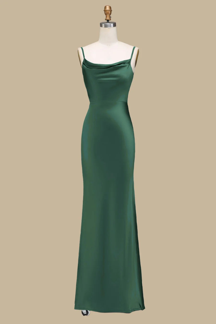 Sleek Dusty Blue Spaghetti Strap Cowl Neck Satin Mermaid Long Bridesmaid Dress With Side Slit AB012