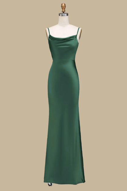 Sleek Dusty Blue Spaghetti Strap Cowl Neck Satin Mermaid Long Bridesmaid Dress With Side Slit AB012