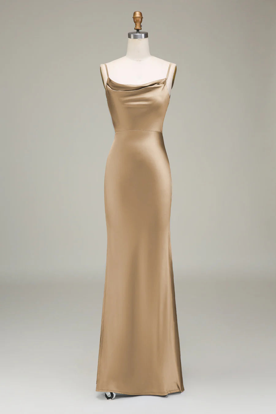 Sleek Dusty Blue Spaghetti Strap Cowl Neck Satin Mermaid Long Bridesmaid Dress With Side Slit AB012