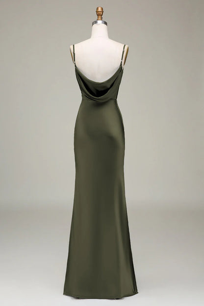 Sleek Dusty Blue Spaghetti Strap Cowl Neck Satin Mermaid Long Bridesmaid Dress With Side Slit AB012