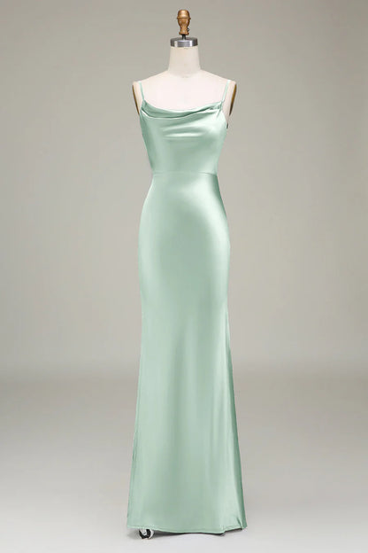Sleek Dusty Blue Spaghetti Strap Cowl Neck Satin Mermaid Long Bridesmaid Dress With Side Slit AB012