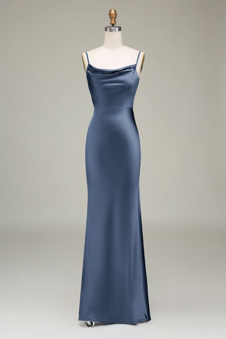 Sleek Dusty Blue Spaghetti Strap Cowl Neck Satin Mermaid Long Bridesmaid Dress With Side Slit AB012