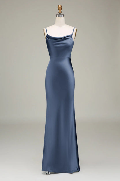 Sleek Dusty Blue Spaghetti Strap Cowl Neck Satin Mermaid Long Bridesmaid Dress With Side Slit AB012