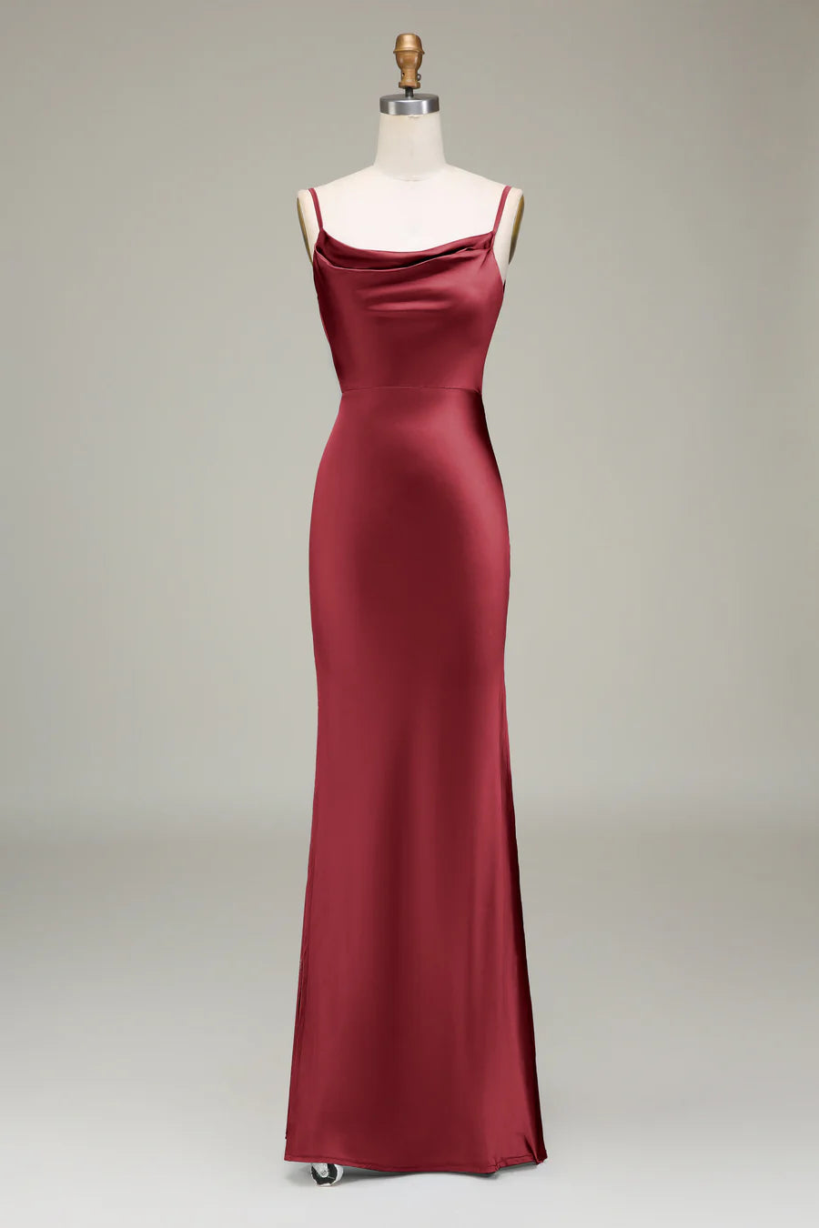 Sleek Dusty Blue Spaghetti Strap Cowl Neck Satin Mermaid Long Bridesmaid Dress With Side Slit AB012