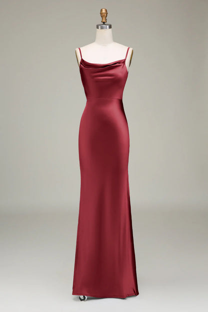 Sleek Dusty Blue Spaghetti Strap Cowl Neck Satin Mermaid Long Bridesmaid Dress With Side Slit AB012