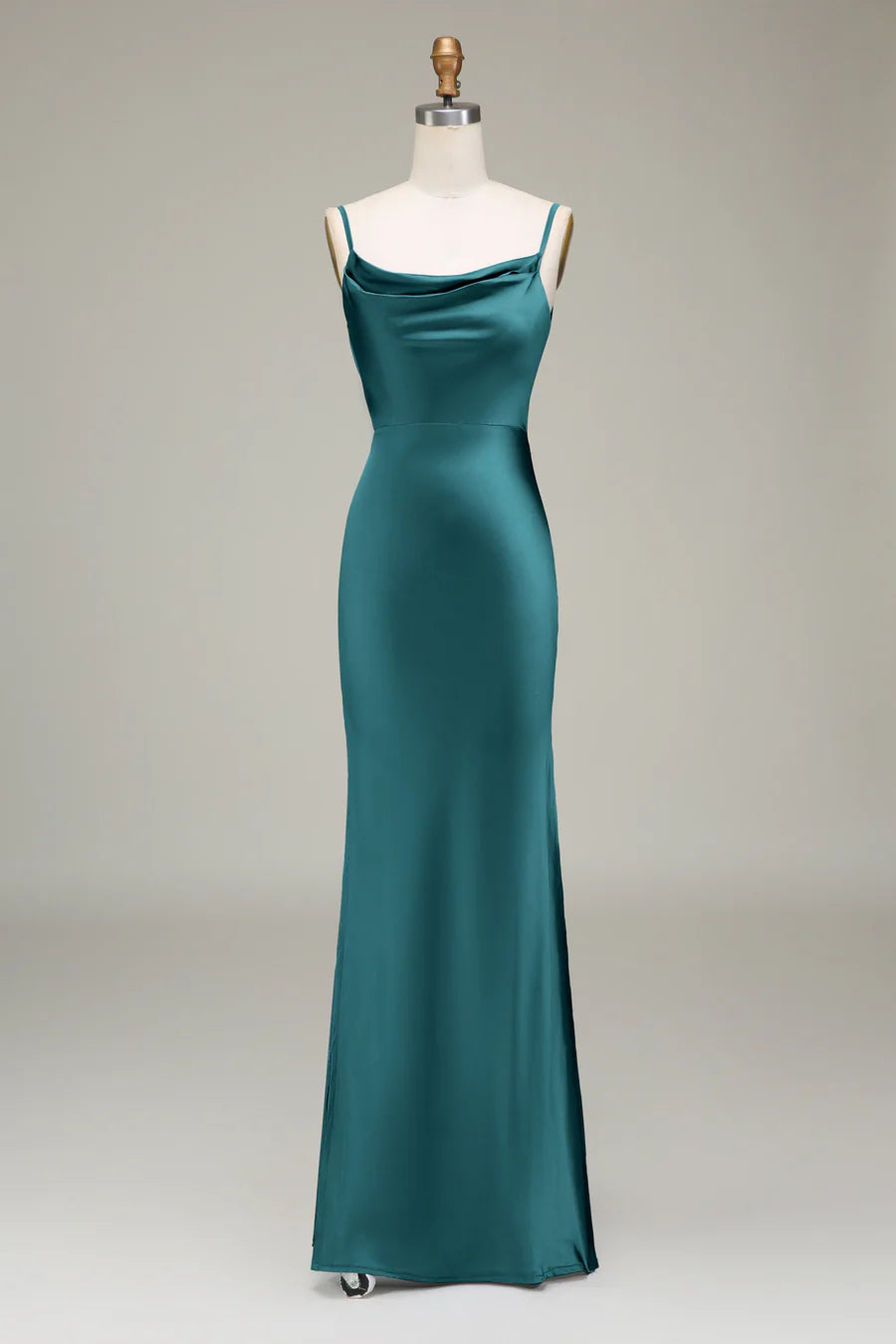 Sleek Dusty Blue Spaghetti Strap Cowl Neck Satin Mermaid Long Bridesmaid Dress With Side Slit AB012