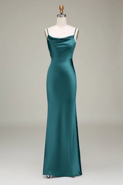 Sleek Dusty Blue Spaghetti Strap Cowl Neck Satin Mermaid Long Bridesmaid Dress With Side Slit AB012