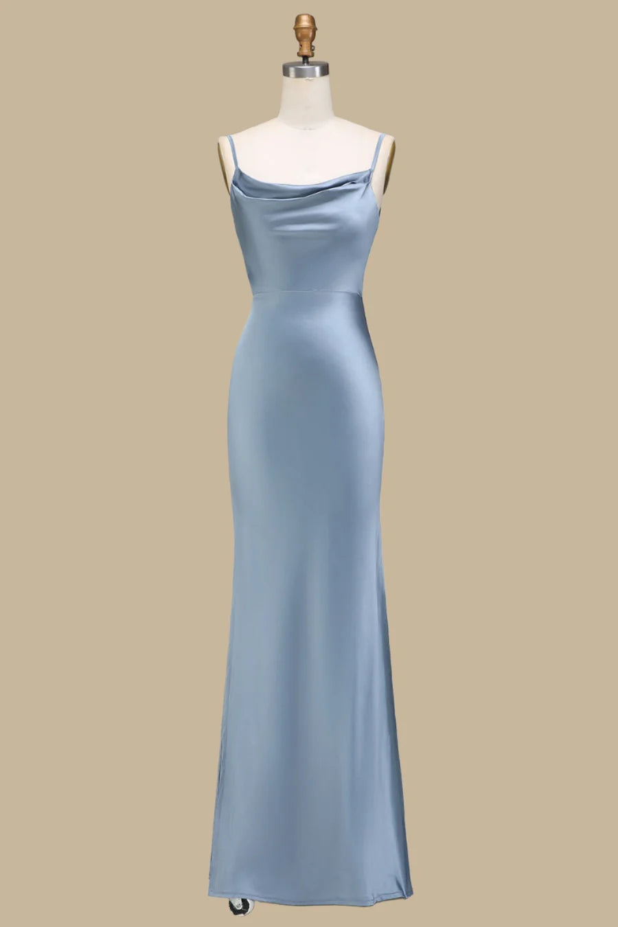 Sleek Dusty Blue Spaghetti Strap Cowl Neck Satin Mermaid Long Bridesmaid Dress With Side Slit AB012