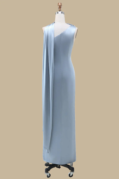 Elegant Dusty Blue One Shoulder Satin Mermaid Long Bridesmaid Dress With Floating Shoulder Sash AB013