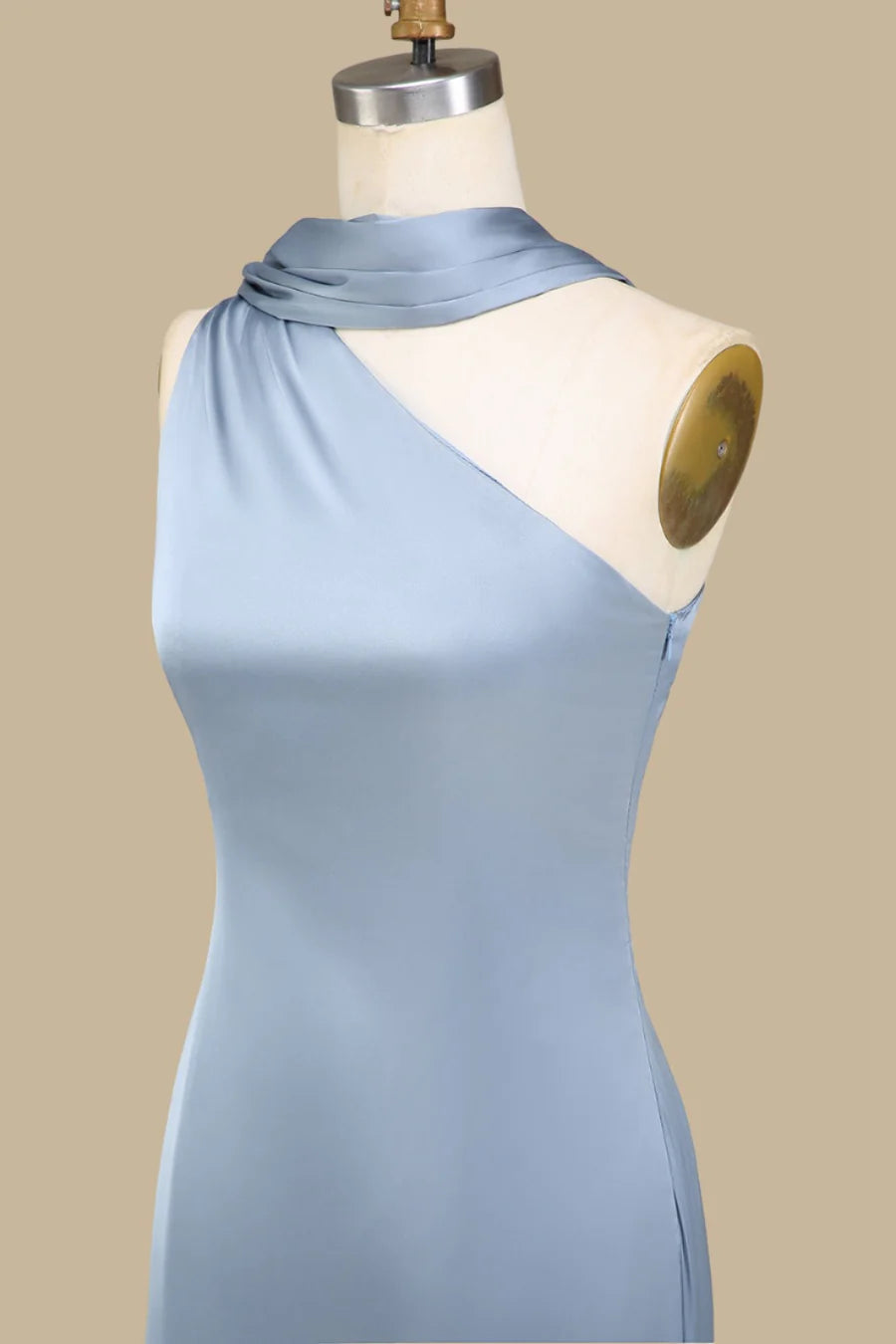 Elegant Dusty Blue One Shoulder Satin Mermaid Long Bridesmaid Dress With Floating Shoulder Sash AB013