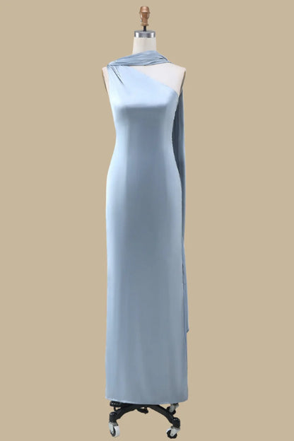 Elegant Dusty Blue One Shoulder Satin Mermaid Long Bridesmaid Dress With Floating Shoulder Sash AB013