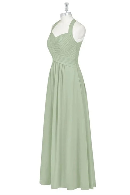 Elegant Sage Halter Cross Ruched A Line Long Bridesmaid Dress AB014
