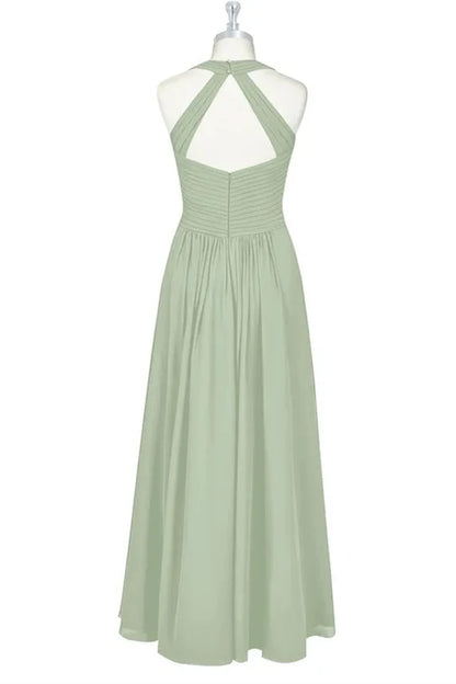 Elegant Sage Halter Cross Ruched A Line Long Bridesmaid Dress AB014