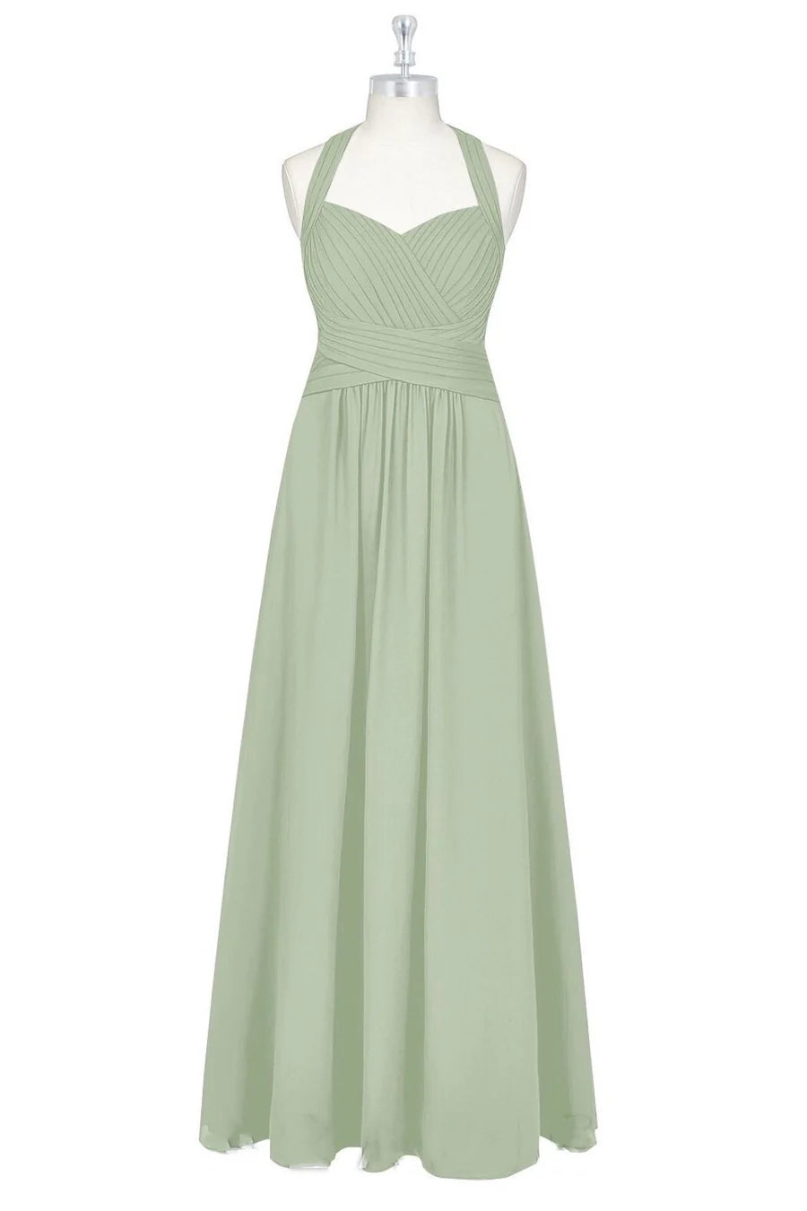Elegant Sage Halter Cross Ruched A Line Long Bridesmaid Dress AB014