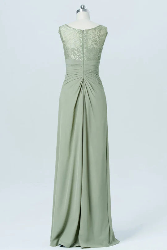 Delicate Sage Asymmetrical Boat Neck Cap Sleeve Floral Lace Bodice Chiffon A Line Long Bridesmaid Dress With Side Vertical Ruffle AB015