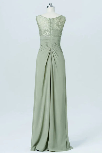 Delicate Sage Asymmetrical Boat Neck Cap Sleeve Floral Lace Bodice Chiffon A Line Long Bridesmaid Dress With Side Vertical Ruffle AB015
