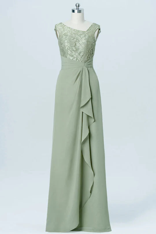 Delicate Sage Asymmetrical Boat Neck Cap Sleeve Floral Lace Bodice Chiffon A Line Long Bridesmaid Dress With Side Vertical Ruffle AB015