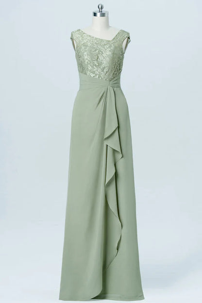 Delicate Sage Asymmetrical Boat Neck Cap Sleeve Floral Lace Bodice Chiffon A Line Long Bridesmaid Dress With Side Vertical Ruffle AB015