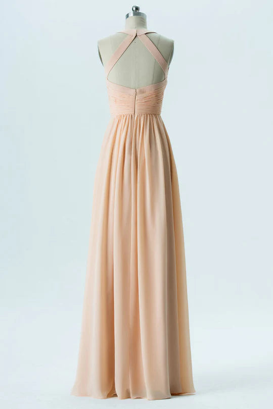 Sleek Blush Wide Strap Sweetheart Cross Ruched Chiffon A Line Long Bridesmaid Dress AB016